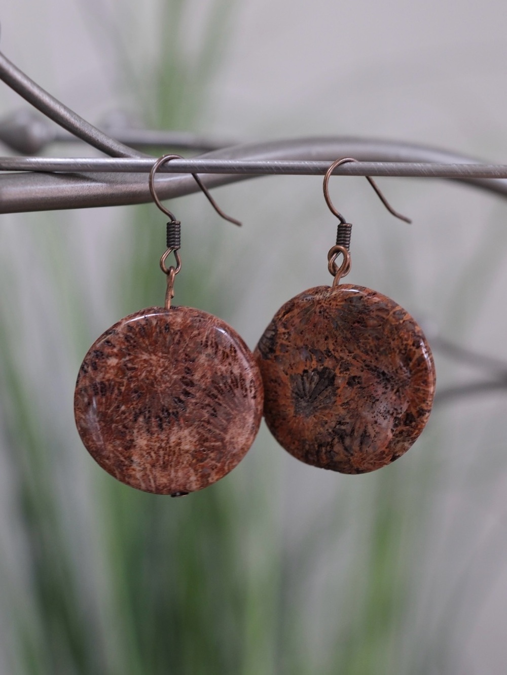 Artisan Fossil Coral Stone Round Dangle Earrings